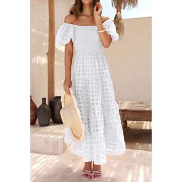 PRETTYGARDEN Women's Casual Summer Dress Puffy Short Sleeve Square Neck Smocked Tiered A Line Maxi Long Dresses (Plaid Beige White,Large)