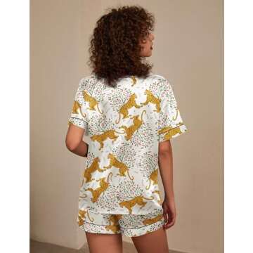 Ekouaer Silk Pajamas for Women Satin Pajama Set 2 Piece Short Sleeve Pjs Sets Soft Summer Sleepwear with Pockets Cheetah's Garden Small