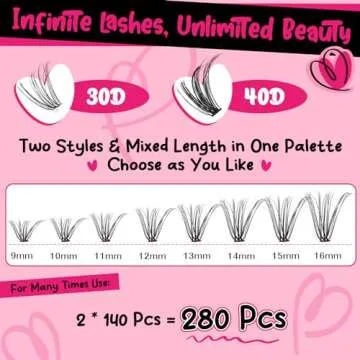 Lash Extension Kit 280Pcs Lash Clusters Eyelash Extension Kit with Lash Bond and Seal Lash Remover Lash Applicator Individual Lashes Kit Eyelash Brush Easy to Apply at Home(30D+40D-9-16mix Kit)
