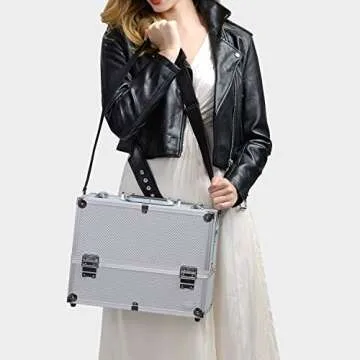 Joligrace Extra Large Makeup Train Case 6 Tray Make Up Artists Organizer Box Lockable Cosmetic Jewelry Toiletries Carrier Crafters Tool Cases with Adjustable Dividers & Shoulder Strap - Silver
