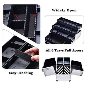 Joligrace Extra Large Makeup Train Case 6 Tray Make Up Artists Organizer Box Lockable Cosmetic Jewelry Toiletries Carrier Crafters Tool Cases with Adjustable Dividers & Shoulder Strap - Silver