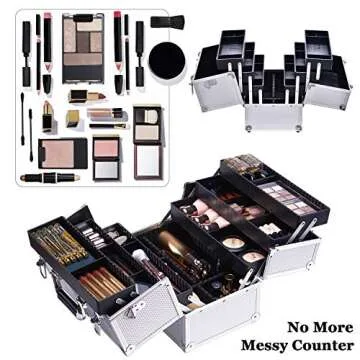 Joligrace Extra Large Makeup Train Case 6 Tray Make Up Artists Organizer Box Lockable Cosmetic Jewelry Toiletries Carrier Crafters Tool Cases with Adjustable Dividers & Shoulder Strap - Silver
