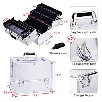 Joligrace Extra Large Makeup Train Case 6 Tray Make Up Artists Organizer Box Lockable Cosmetic Jewelry Toiletries Carrier Crafters Tool Cases with Adjustable Dividers & Shoulder Strap - Silver