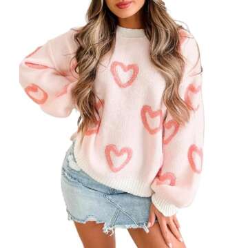 KMBANGI Women Heart Print Sweater Romantic Oversized Knitted Shirt Valentine's Day Love Graphic Long...