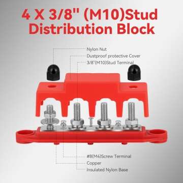 Heart Horse Power Distribution Block Bus Bar 3/8'' Terminal Stud 4 Post with Cover 250 Amp Rating for Marine Automotive and Solar Wiring RV Boat (250A, 3/8'', Red+Black)