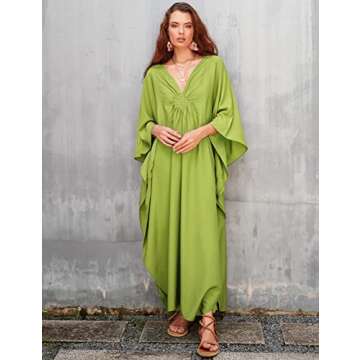 Eddoyee Womens Loose V Neck Swimsuit Cover Ups Batwing Sleeve Open Side Plus Size Caftan Beach Dress...