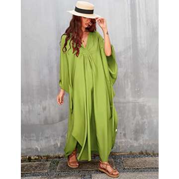 Eddoyee Womens Loose V Neck Swimsuit Cover Ups Batwing Sleeve Open Side Plus Size Caftan Beach Dresses Yellow Green