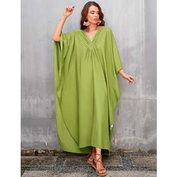 Eddoyee Womens Loose V Neck Swimsuit Cover Ups Batwing Sleeve Open Side Plus Size Caftan Beach Dresses Yellow Green