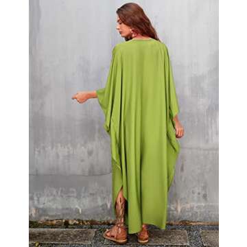 Eddoyee Womens Loose V Neck Swimsuit Cover Ups Batwing Sleeve Open Side Plus Size Caftan Beach Dresses Yellow Green