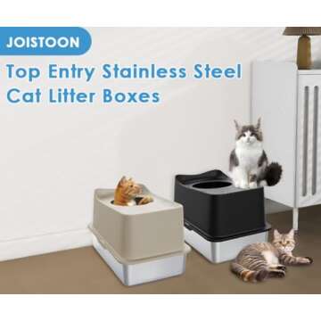 JOISTOON Stainless Steel Cat Litter Box Top Entry Extra Large Litter Boxes for Big Cats Enclosed XL Metal Litter Box with Lid, High Wall Sides Kitty Litter Pan Tray, Anti-Leakage, Easy Cleaning, Khaki