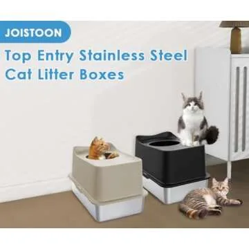 JOISTOON Stainless Steel Cat Litter Box Top Entry Extra Large Litter Boxes for Big Cats Enclosed XL Metal Litter Box with Lid, High Wall Sides Kitty Litter Pan Tray, Anti-Leakage, Easy Cleaning, Khaki