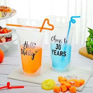 Spakon 25 Pcs Birthday Drink Pouch Cups with 25 Straws Stand up Plastic Drink Pouches Clear Zipper Bags Birthday Party Decor Juice for Adults Women Men Party Beverage Bag(Number 30th)