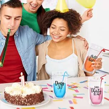 Spakon 25 Pcs Birthday Drink Pouch Cups with 25 Straws Stand up Plastic Drink Pouches Clear Zipper Bags Birthday Party Decor Juice for Adults Women Men Party Beverage Bag(Number 30th)