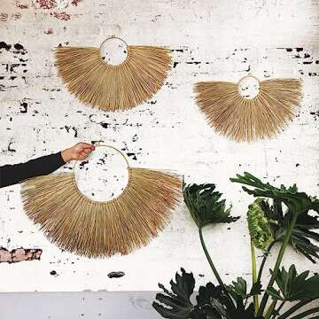 PEMAR Seagrass Wicker Wall Décor Rustic Fan Hanging Boho Woven Basket Wall Pediment Headboard Home ...
