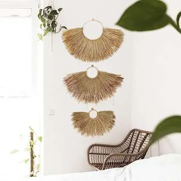 PEMAR Seagrass Wicker Wall Décor Rustic Fan Hanging Boho Woven Basket Wall Pediment Headboard Home Decorative Farmhouse Art for Apartment, Living Room, Bedroom Decoration