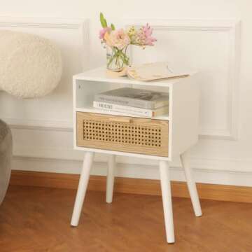 MaxSmeo White Nightstand with Drawer, Mid Century Modern Nightstand, Rattan Side Table, End Table with Storage for Living Room, Bedroom and Small Spaces, Easy Assembly (White)
