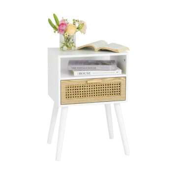 MaxSmeo White Nightstand with Drawer, Mid Century Modern Nightstand, Rattan Side Table, End Table with Storage for Living Room, Bedroom and Small Spaces, Easy Assembly (White)