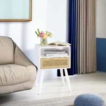 MaxSmeo White Nightstand with Drawer, Mid Century Modern Nightstand, Rattan Side Table, End Table with Storage for Living Room, Bedroom and Small Spaces, Easy Assembly (White)