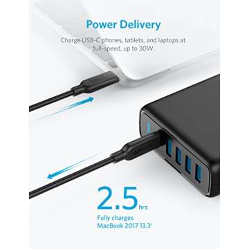USB C Wall Charger, Anker Premium 60W 5-Port Desktop Charger with One 30W Power Delivery Port for MacBook Air 2018, Ipad Pro 2018, S10, and 4 Poweriq Ports for iPhone Xs/Max/XR/X/8, S9/S8 and More