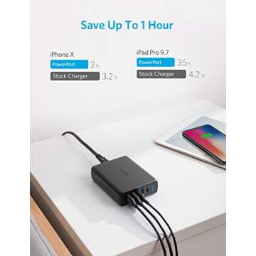 USB C Wall Charger, Anker Premium 60W 5-Port Desktop Charger with One 30W Power Delivery Port for MacBook Air 2018, Ipad Pro 2018, S10, and 4 Poweriq Ports for iPhone Xs/Max/XR/X/8, S9/S8 and More