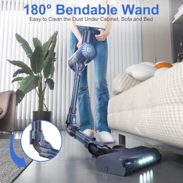 Cordless Vacuum Cleaner, Self-Standing Vacuum Cleaners with 180° Foldable Rod Rechargeable Cordless Vacuum 6 in 1 Lightweight Stick Vacuum with Powerful Suction，for Pet Hair Hardwood Floor (Blue)