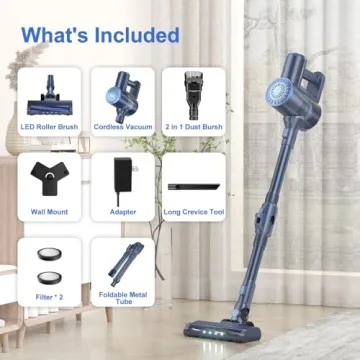 Cordless Vacuum Cleaner, Self-Standing Vacuum Cleaners with 180° Foldable Rod Rechargeable Cordless Vacuum 6 in 1 Lightweight Stick Vacuum with Powerful Suction，for Pet Hair Hardwood Floor (Blue)