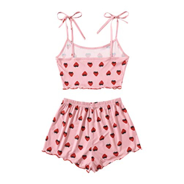 SweatyRocks Women's Summer Strawberry Print Cami Top and Shorts Sleepwear Pajamas Set Strawberry Pink L