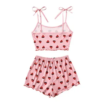 SweatyRocks Women's Summer Strawberry Print Cami Top and Shorts Sleepwear Pajamas Set Strawberry Pink L