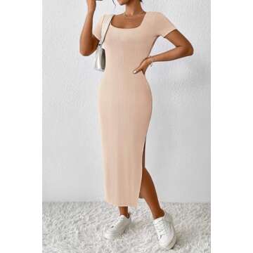 CFLONGE Women 2025 Summer Short Sleeve Dresses Crew Neck Slim Fit Long Casual Knit Ribbed Bodycon Pa...