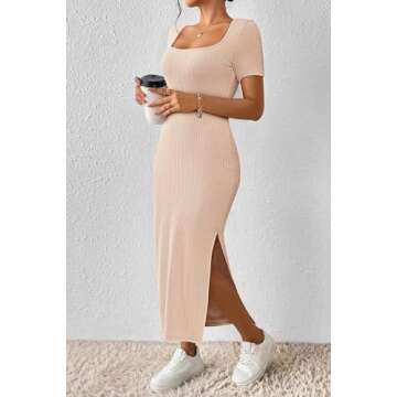 CFLONGE Women 2025 Summer Short Sleeve Dresses Crew Neck Slim Fit Long Casual Knit Ribbed Bodycon Party Club Maxi Dress for Women(Apricot,X-Large)