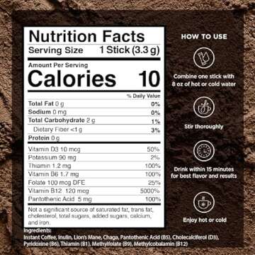 VitaCup Focus Mushroom Coffee Instant Packets, for Memory & Clarity Support, w/Fiber, Chaga, Lion’s Mane, D3, B Vitamins, Medium Roast, 100% Arabica & Robusta Coffee in Single Serve Sticks, 24 Ct