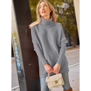 LILLUSORY Gray Sweater for Women Lightweight Oversized Turtleneck Long Sleeve Loose Fit Chunky Winter High Low Grey Sweater
