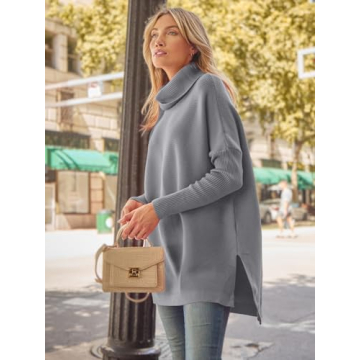 LILLUSORY Gray Sweater for Women Lightweight Oversized Turtleneck Long Sleeve Loose Fit Chunky Winter High Low Grey Sweater