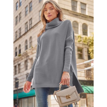 LILLUSORY Gray Sweater for Women Lightweight Oversized Turtleneck Long Sleeve Loose Fit Chunky Winter High Low Grey Sweater