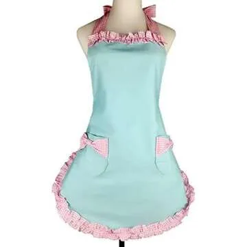 RosieLily Vintage Apron for Women with Pockets Retro Apron Cute Blue Apron Kitchen Aprons for Cookin...