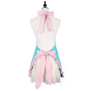 RosieLily Vintage Apron for Women with Pockets Retro Apron Cute Blue Apron Kitchen Aprons for Cooking Baking Pink Dress Kawaii Cotton Frilly Ruffle 50s Ladies Apron for Teen Girls Vintage Gifts