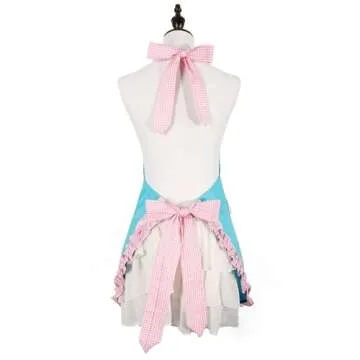 RosieLily Vintage Apron for Women with Pockets Retro Apron Cute Blue Apron Kitchen Aprons for Cooking Baking Pink Dress Kawaii Cotton Frilly Ruffle 50s Ladies Apron for Teen Girls Vintage Gifts