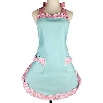 RosieLily Vintage Apron for Women with Pockets Retro Apron Cute Blue Apron Kitchen Aprons for Cooking Baking Pink Dress Kawaii Cotton Frilly Ruffle 50s Ladies Apron for Teen Girls Vintage Gifts