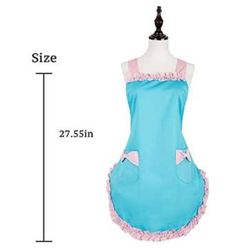 RosieLily Vintage Apron for Women with Pockets Retro Apron Cute Blue Apron Kitchen Aprons for Cooking Baking Pink Dress Kawaii Cotton Frilly Ruffle 50s Ladies Apron for Teen Girls Vintage Gifts