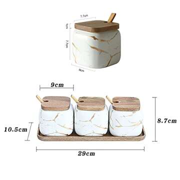 KIDYBELL Ceramic Spice Jars Porcelain Condiment Jars Set Marble Ceramic Seasoning Box 3pcs Condiment Pots for salt, sugar, pepper Kitchen Ceramic Seasoning Condiment Jar Set