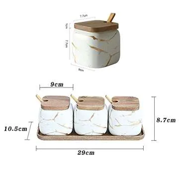KIDYBELL Ceramic Spice Jars Porcelain Condiment Jars Set Marble Ceramic Seasoning Box 3pcs Condiment Pots for salt, sugar, pepper Kitchen Ceramic Seasoning Condiment Jar Set