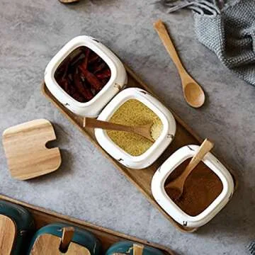 KIDYBELL Ceramic Spice Jars Porcelain Condiment Jars Set Marble Ceramic Seasoning Box 3pcs Condiment Pots for salt, sugar, pepper Kitchen Ceramic Seasoning Condiment Jar Set