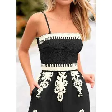 PRETTYGARDEN Women's Summer Boho Jumpsuits One Piece Beach Vacation Outfits Spaghetti Strap Wide Leg Pants Rompers (Black,Small)