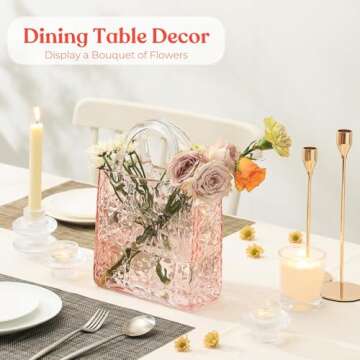 PORPAN Purse Vase, Glass Bag Vase, Glass Purse Vase for Flowers, Pink Glass Vase, 12 Inch Large Glass Flower Vase with Embossed Pattern for Wedding, Living Room, Bedroom, Table, Office(Tote)