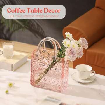 PORPAN Purse Vase, Glass Bag Vase, Glass Purse Vase for Flowers, Pink Glass Vase, 12 Inch Large Glass Flower Vase with Embossed Pattern for Wedding, Living Room, Bedroom, Table, Office(Tote)