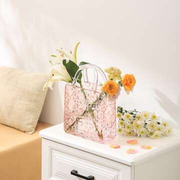 PORPAN Purse Vase, Glass Bag Vase, Glass Purse Vase for Flowers, Pink Glass Vase, 12 Inch Large Glass Flower Vase with Embossed Pattern for Wedding, Living Room, Bedroom, Table, Office(Tote)