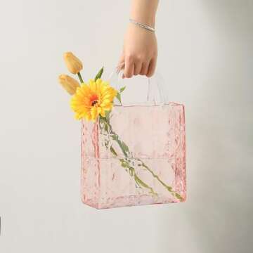 PORPAN Purse Vase, Glass Bag Vase, Glass Purse Vase for Flowers, Pink Glass Vase, 12 Inch Large Glass Flower Vase with Embossed Pattern for Wedding, Living Room, Bedroom, Table, Office(Tote)
