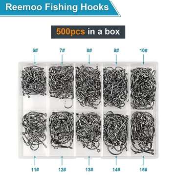 500PCS/100PCS ReeMoo Premium Fishing Hooks, 10 Sizes/4 Sizes Carbon Steel Fishing Hooks W/Portable P...