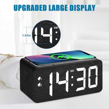 URAYCO Wood Digital Alarm Clock with 10W Fast Wireless Charger, USB Charging Ports, DST, Dimmable, Snooze, Large Number LED Display for Bedrooms, Desk, Living Room Table, Bedside, Nightstand (Black)