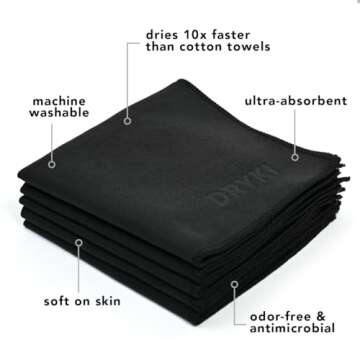 DRYKI Sweat Absorbing Handkerchiefs - Quick-Dry Microfiber Sweat Rags & Towels for Face, Hands, & Body - Perfect for Gym, Sports, and Work (Classic Black, 5 Pack)